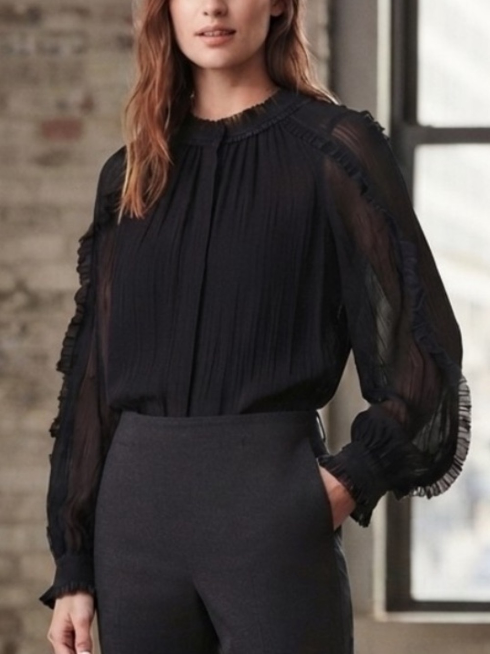 AllSaints Black Sheer Pleated Blouse